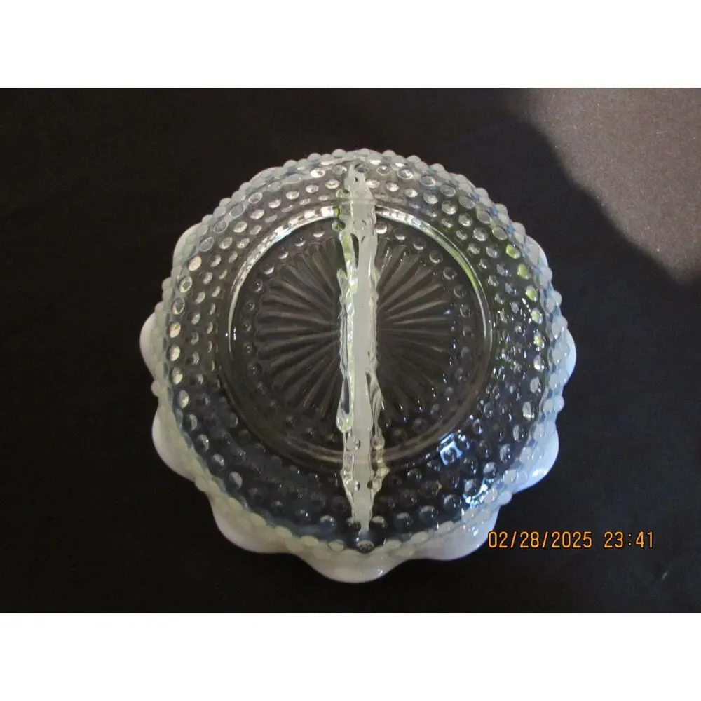 Vintage moonstone hobnail white opalescent divided dish bowl relish dips